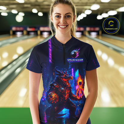 Woman wearing custom navy alligator bowling quarter-zip shirt front view featuring a glowing bowling ball and neon blue purple artwork, displaying Your Name, at the bowling alley