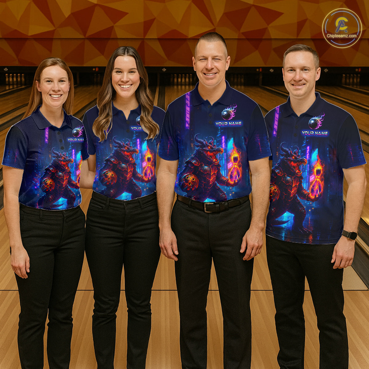 Group of four wearing custom navy alligator bowling shirts front view featuring a glowing bowling ball and neon blue purple artwork at the bowling alley
