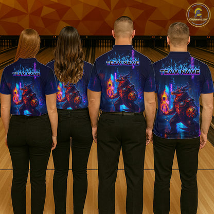 Group of four wearing custom navy alligator bowling shirts back view featuring a glowing bowling ball and neon blue purple artwork, displaying Team Name, at the bowling alley