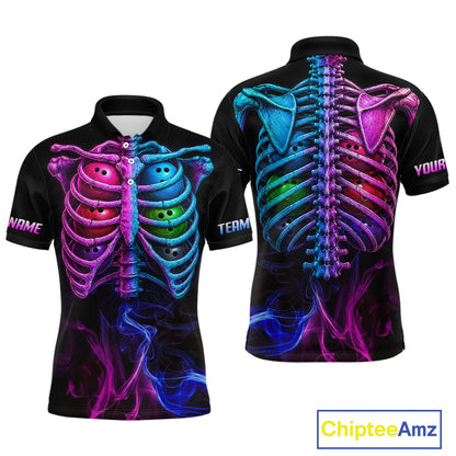Black short-sleeve polo shirt shown from the front and back, featuring a large neon skeleton rib cage graphic in pink, blue, and purple with smoky effects and customizable text placeholders on the sleeves.