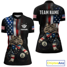 Load image into Gallery viewer, Front and back views of a women's short-sleeve quarter-zip jerseys with a custom American flag and cat graphic design. The shirt features a large cat wearing a bow tie and holding an 8-ball on the front, and 'TEAM NAME' with placeholder text on the back.