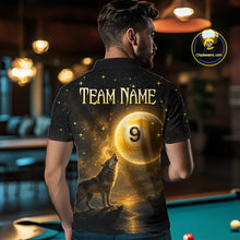 Load image into Gallery viewer, A man viewed from behind wearing a black short-sleeve polo shirt with a large custom graphic print. The print features the text 'TEAM NAME' in gold, a glowing billiard ball with the number 9, and a howling wolf in a golden cosmic scene.