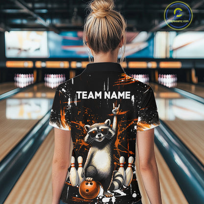Orange Funny Raccoon Bowling Team Shirt Customized Bowling League Polo & 1/4 Zip Gift for Women QZT852