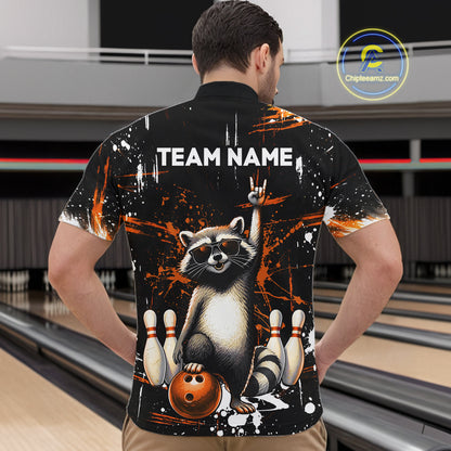 Orange Funny Raccoon Bowling Team Shirt Customized Bowling League Polo & 1/4 Zip Gift for Men QZT852