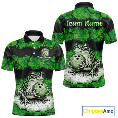 Custom green and black short-sleeve polo shirt with frog and bowling ball graphic, shown in front and back views with placeholder text 'Team Name' and 'Your Name'.