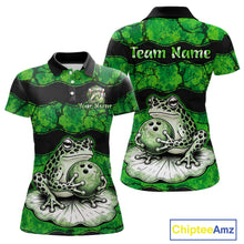 Load image into Gallery viewer, A green and black short-sleeve polo shirt shown from both front and back, featuring a frog and bowling ball graphic, customizable text placeholders, and a ChipteeAmz logo in the corner.