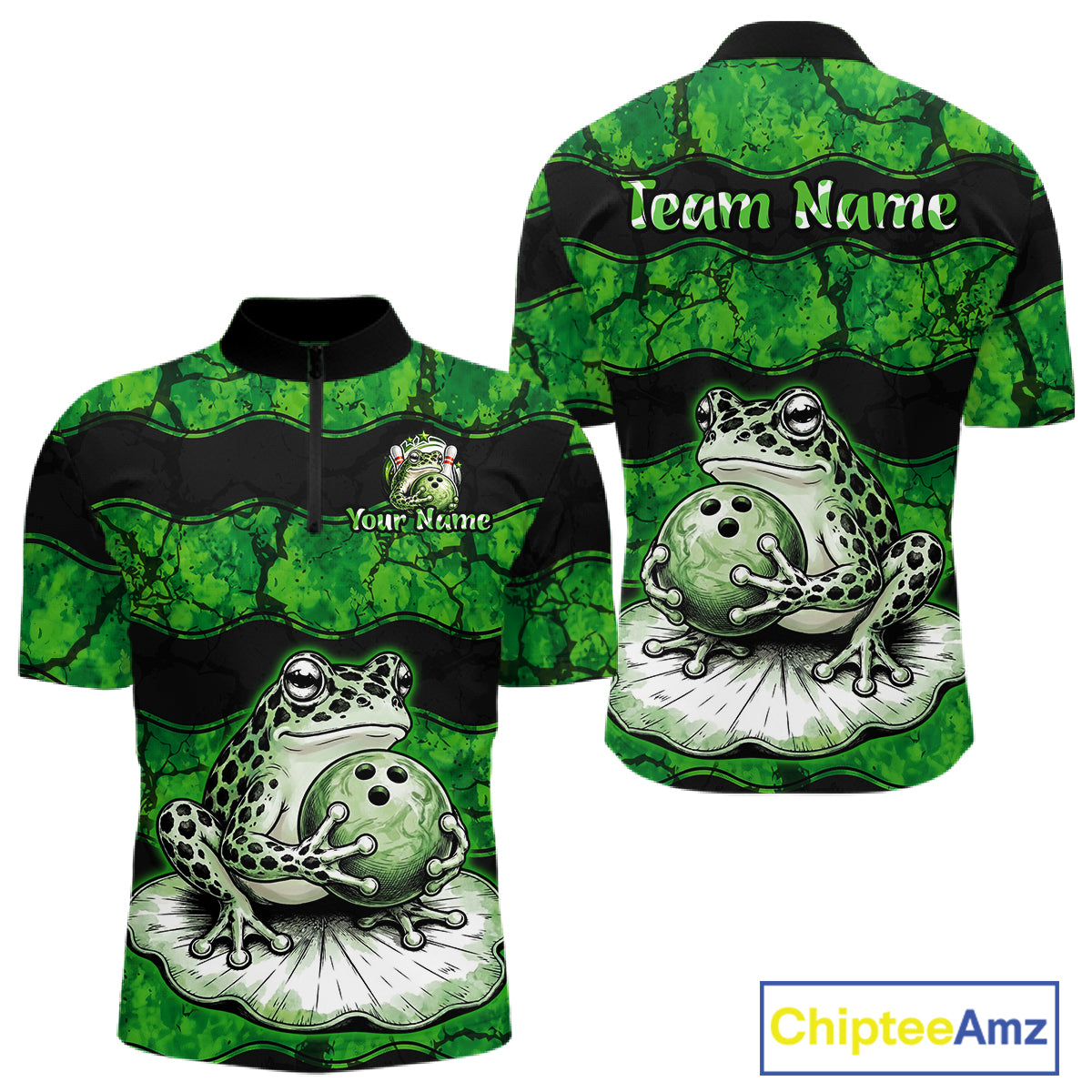 Custom short-sleeve bowling-themed quarter-zip jersey shown from the front and back. The shirt features a green and black marbled pattern with a large graphic of a green and black frog holding a bowling ball on a white lotus pad.