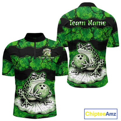 Custom short-sleeve bowling-themed quarter-zip jersey shown from the front and back. The shirt features a green and black marbled pattern with a large graphic of a green and black frog holding a bowling ball on a white lotus pad.