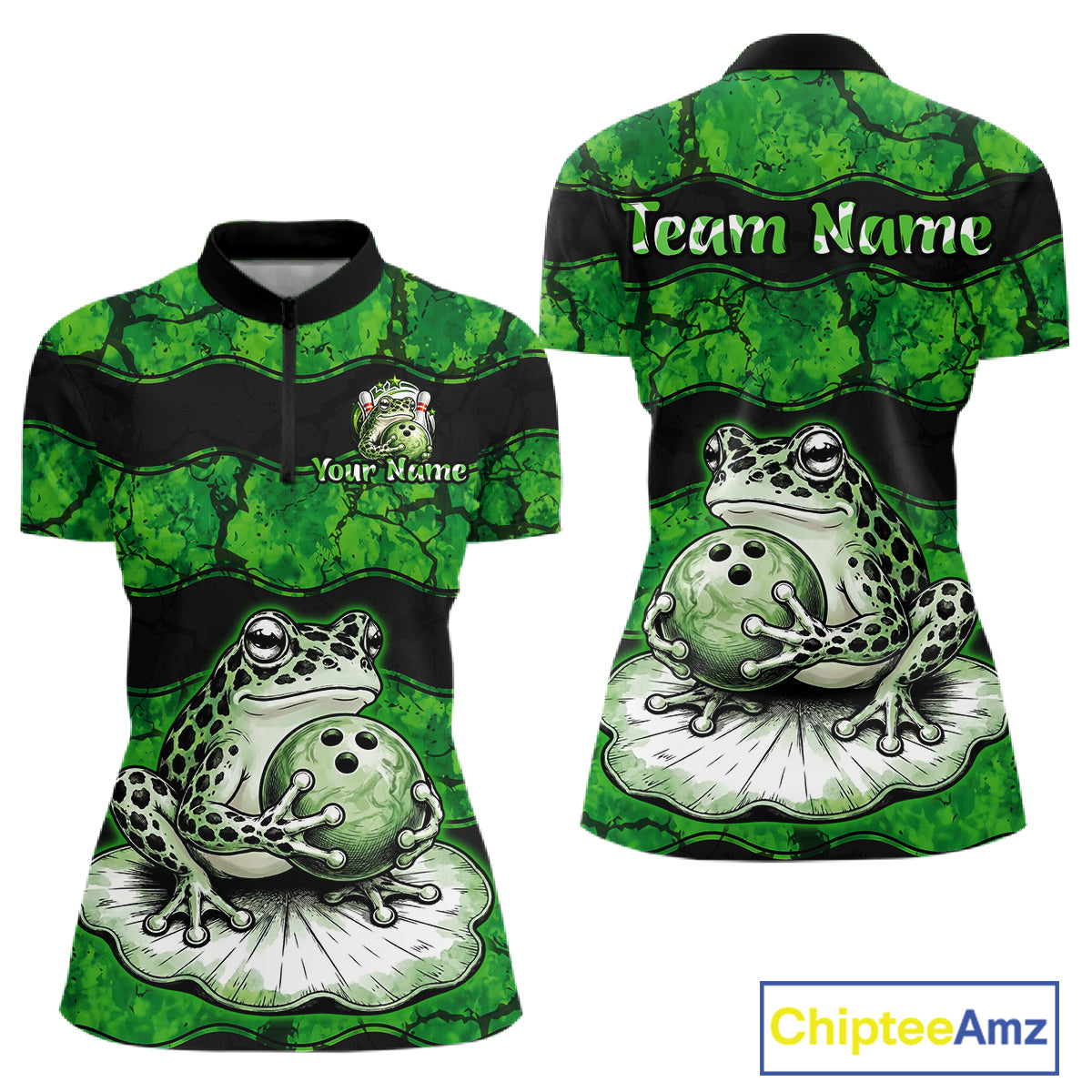 Front and back views of a green frog-themed short-sleeve quarter-zip jersey with black collar and chest band, featuring a large frog and bowling ball graphic, customizable text placeholders, and a ChipteeAmz logo on a white background.