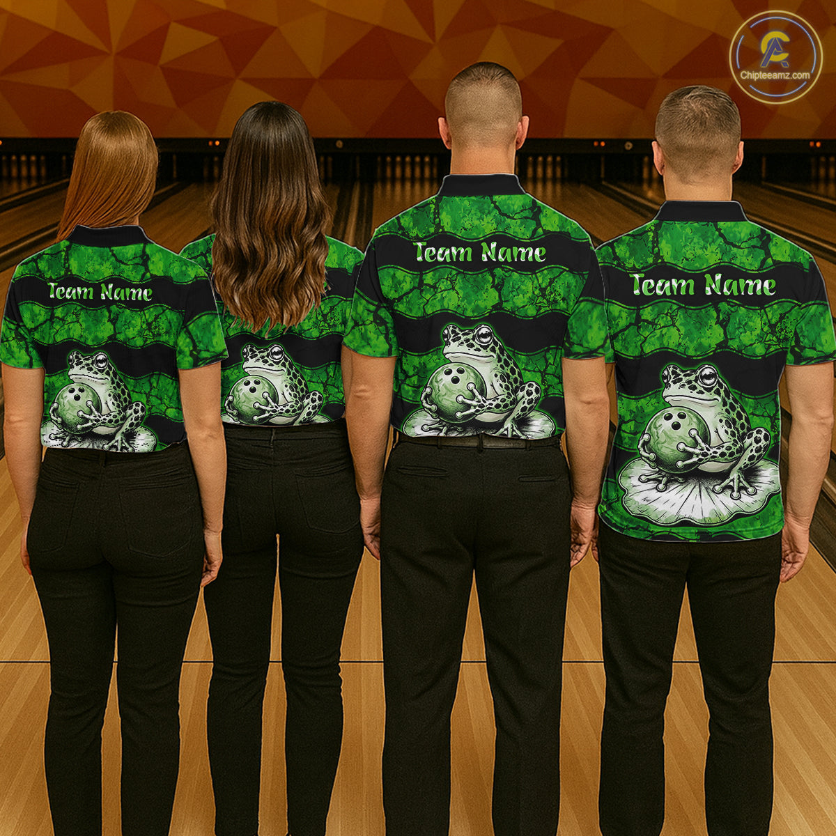 Four people standing from the back in a bowling alley, wearing matching green and black bowling shirts with a frog and bowling pin graphic on the back and customizable 'Team Name' text on the shoulders.