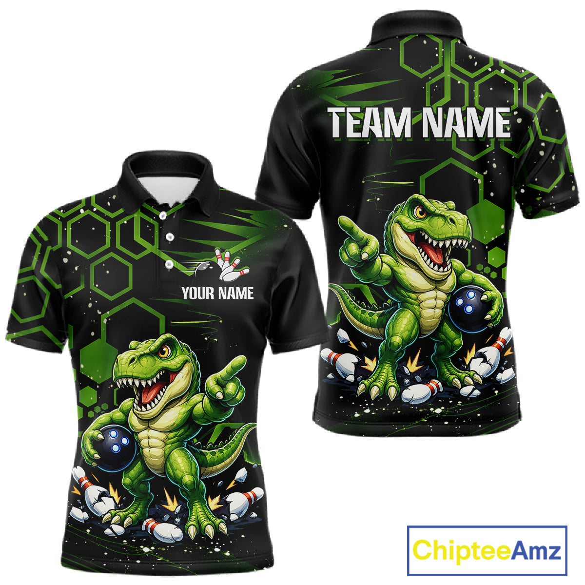 Front and back views of a black short-sleeve polo shirt with a green cartoon dinosaur graphic, white 'TEAM NAME' and 'YOUR NAME' text placeholders, and a ChipteeAmz logo in the bottom right corner.
