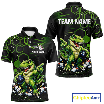 Front and back views of a black short-sleeve polo shirt with a green cartoon dinosaur graphic, white 'TEAM NAME' and 'YOUR NAME' text placeholders, and a ChipteeAmz logo in the bottom right corner.