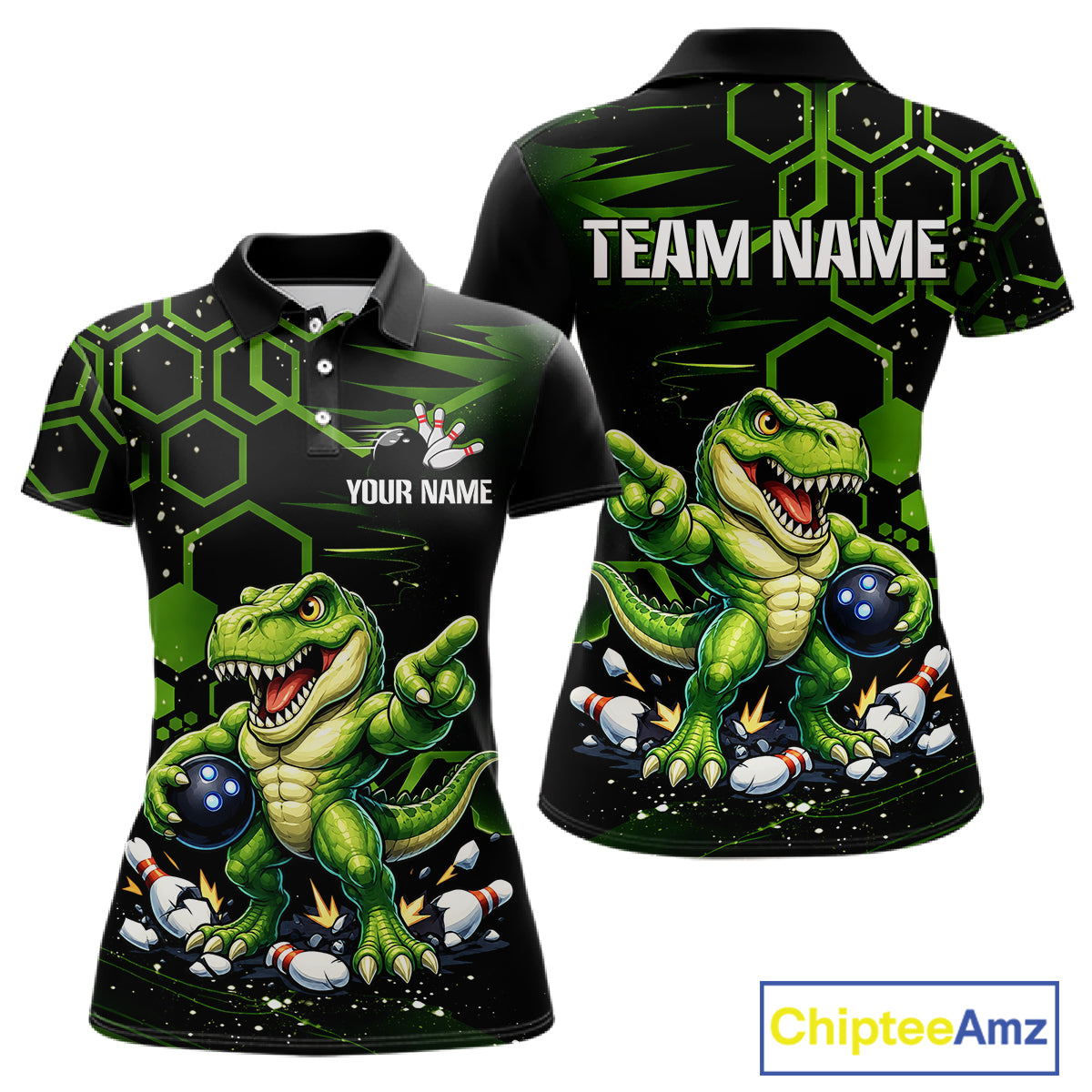Custom short-sleeve polo shirt shown from the front and back, featuring a green dinosaur graphic with bowling pins and bowling balls on a black and neon green hexagonal patterned background. Includes customizable text placeholders 'YOUR NAME' and 'TEAM NAME'.