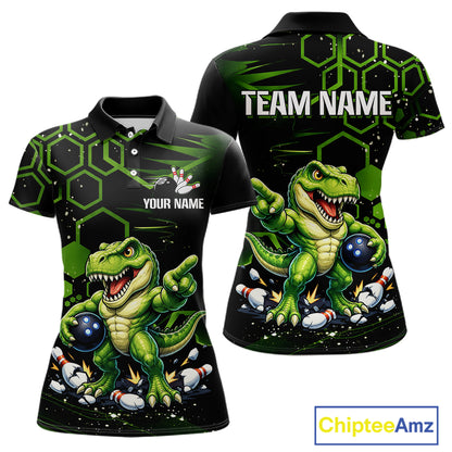 Custom short-sleeve polo shirt shown from the front and back, featuring a green dinosaur graphic with bowling pins and bowling balls on a black and neon green hexagonal patterned background. Includes customizable text placeholders 'YOUR NAME' and 'TEAM NAME'.