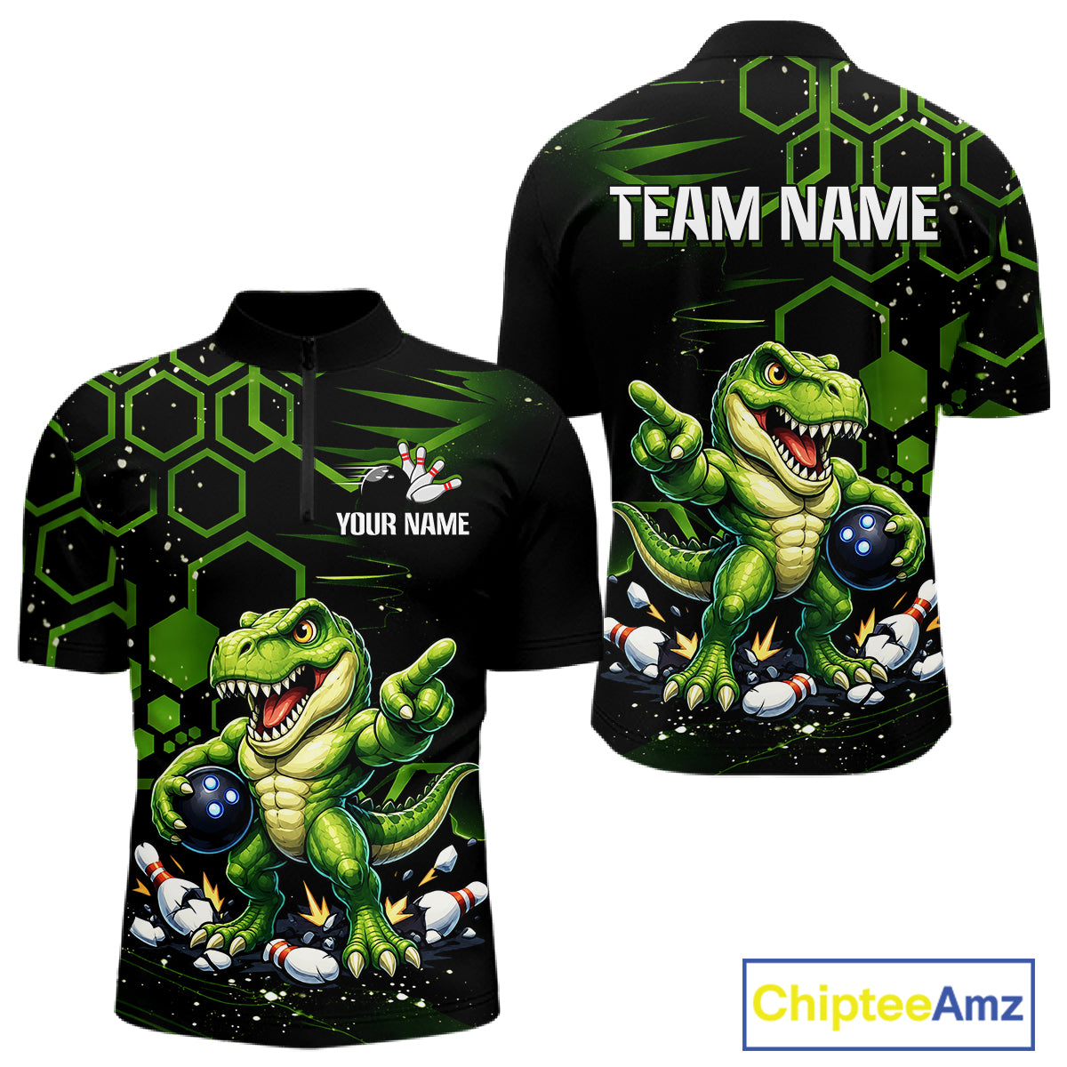 Black short-sleeve quarter-zip jersey shown from front and back with a green cartoon dinosaur graphic, green hexagon pattern, white 'TEAM NAME' and 'YOUR NAME' text, and a ChipteeAmz logo in the bottom right.