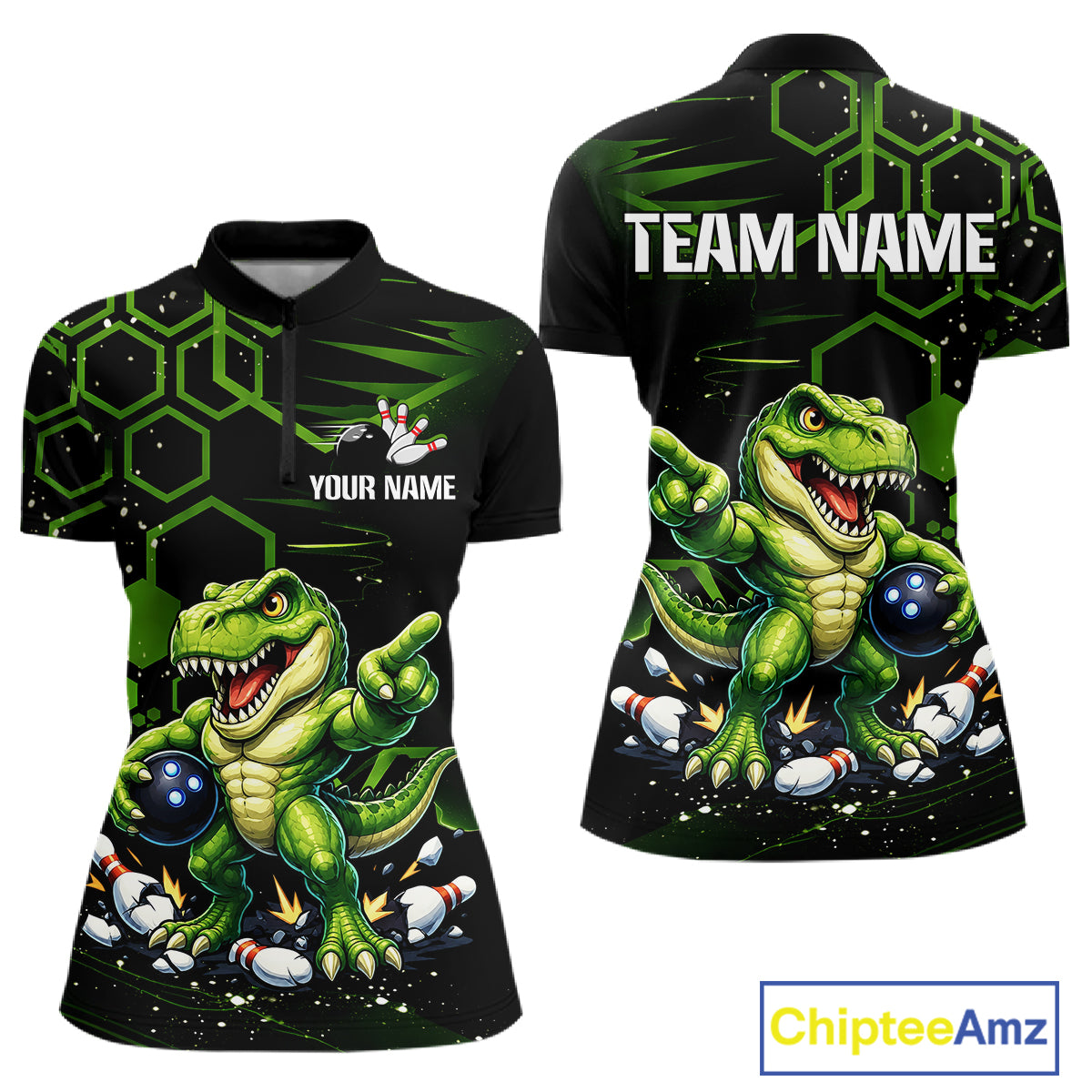 Front and back views of a black short-sleeve quarter-zip jersey featuring a green cartoon dinosaur graphic, white hexagonal patterns, and customizable text placeholders 'YOUR NAME' and 'TEAM NAME'.