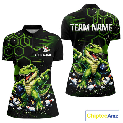 Front and back views of a black short-sleeve quarter-zip jersey featuring a green cartoon dinosaur graphic, white hexagonal patterns, and customizable text placeholders 'YOUR NAME' and 'TEAM NAME'.