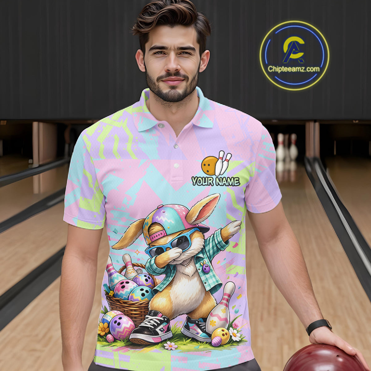 Custom Funny Bunny Bowling Team Shirt for Men Easter Bowling League Jersey Polo & 1/4-Zip QZT938