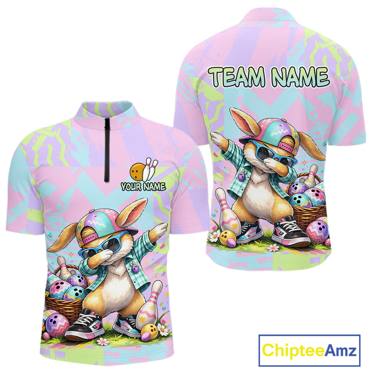 Custom Funny Bunny Bowling Team Shirt for Men Easter Bowling League Jersey Polo & 1/4-Zip QZT938