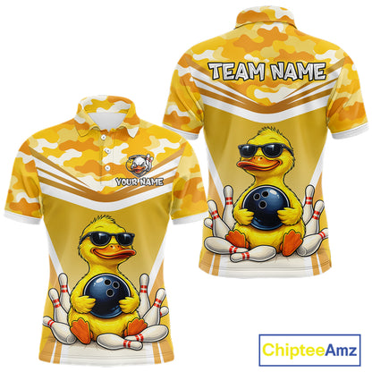 Front and back view custom yellow duck bowling polo shirt featuring a cool cartoon duck wearing sunglasses with bowling ball, bowling pins and yellow camouflage pattern, personalized with team name and player name