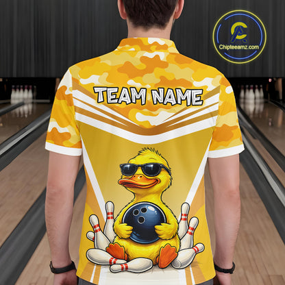 Male model wearing a custom yellow duck bowling polo shirt back view displaying the personalized team name above a cool cartoon duck wearing sunglasses graphic at the bowling alley
