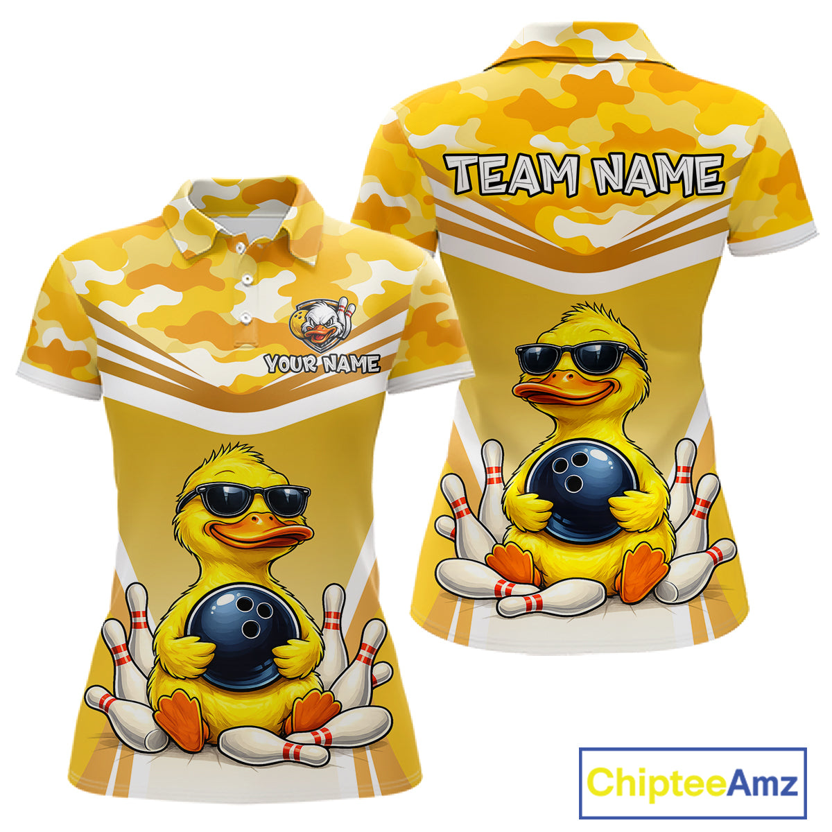 Front and back view custom yellow duck bowling polo shirt featuring a cool cartoon duck wearing sunglasses with bowling ball, bowling pins and yellow camouflage pattern, personalized with team name and player name