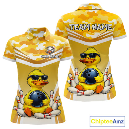 Front and back view custom yellow duck bowling polo shirt featuring a cool cartoon duck wearing sunglasses with bowling ball, bowling pins and yellow camouflage pattern, personalized with team name and player name