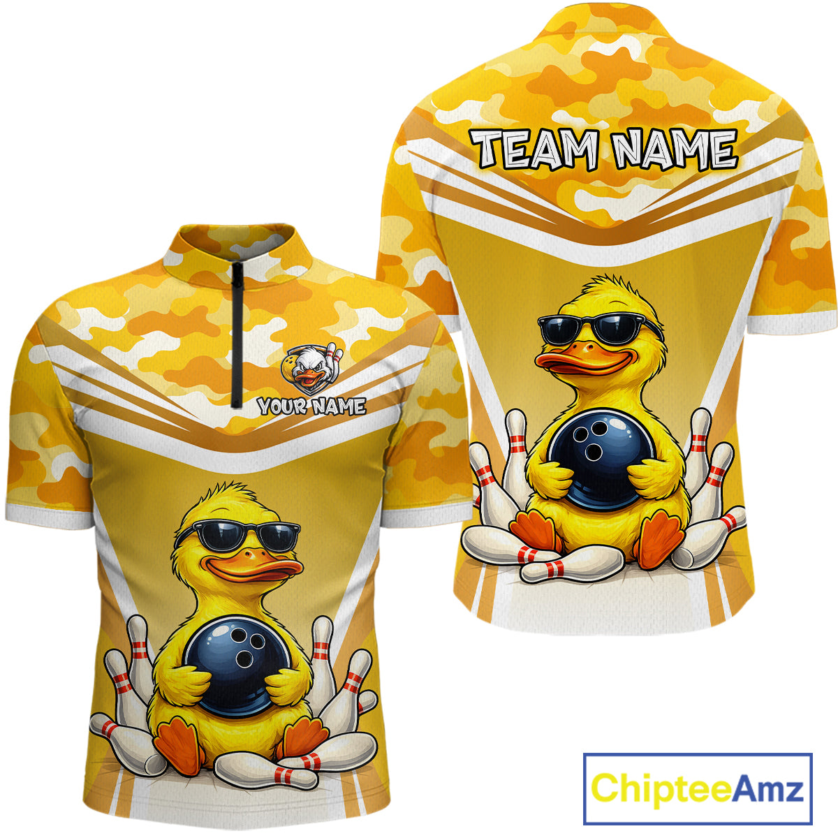 Front and back view custom yellow duck bowling quarter-zip shirt featuring a cool cartoon duck wearing sunglasses with bowling ball, bowling pins and yellow camouflage design, personalized with team name and player name