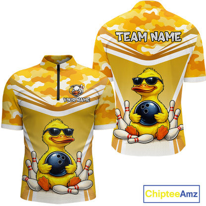 Front and back view custom yellow duck bowling quarter-zip shirt featuring a cool cartoon duck wearing sunglasses with bowling ball, bowling pins and yellow camouflage design, personalized with team name and player name