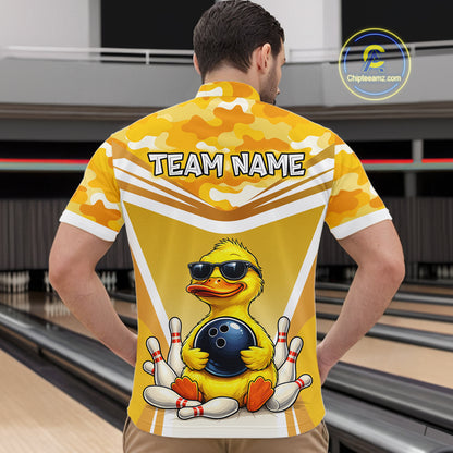 Male model wearing a custom yellow duck bowling quarter-zip shirt back view displaying the personalized team name above a cool cartoon duck wearing sunglasses graphic at the bowling alley
