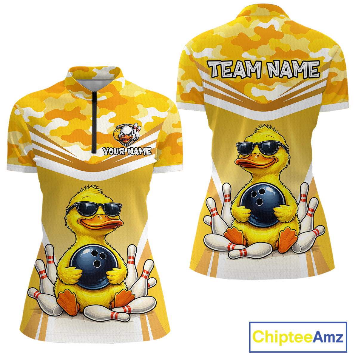 Front and back view custom yellow duck bowling quarter-zip shirt featuring a cool cartoon duck wearing sunglasses with bowling ball, bowling pins and yellow camouflage design, personalized with team name and player name