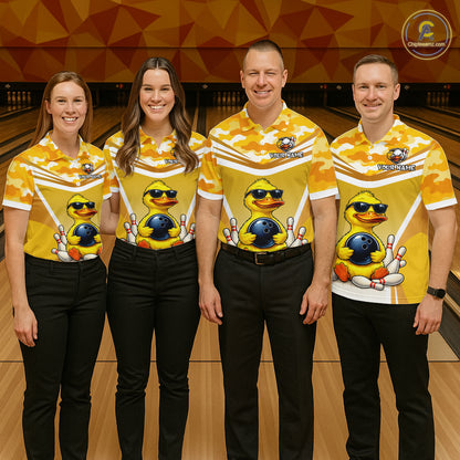 Group of four wearing custom yellow duck bowling shirts front view featuring cool cartoon duck artwork with sunglasses, bowling ball, bowling pins and yellow camouflage pattern at the bowling alley