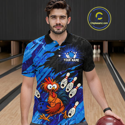 Front view male model wearing custom funny blue bowling team shirt with cartoon chicken holding bowling ball and bowling pin graphics