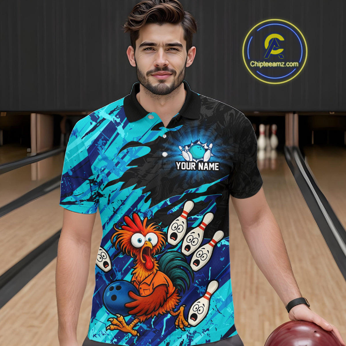Male model wearing a custom cyan chicken bowling polo shirt front view featuring a colorful bowling mascot graphic, bowling pins, bowling ball and cyan abstract brush stroke pattern at the bowling alley