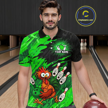 Front view male model wearing custom funny green bowling team shirt with cartoon chicken holding bowling ball and bowling pin graphics
