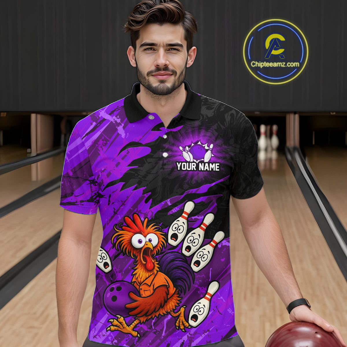 Male model wearing a custom purple chicken bowling polo shirt with a cartoon mascot graphic, bowling pins, bowling ball and purple brush stroke pattern, front view at the bowling alley