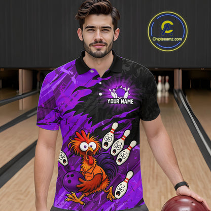 Male model wearing a custom purple chicken bowling polo shirt with a cartoon mascot graphic, bowling pins, bowling ball and purple brush stroke pattern, front view at the bowling alley