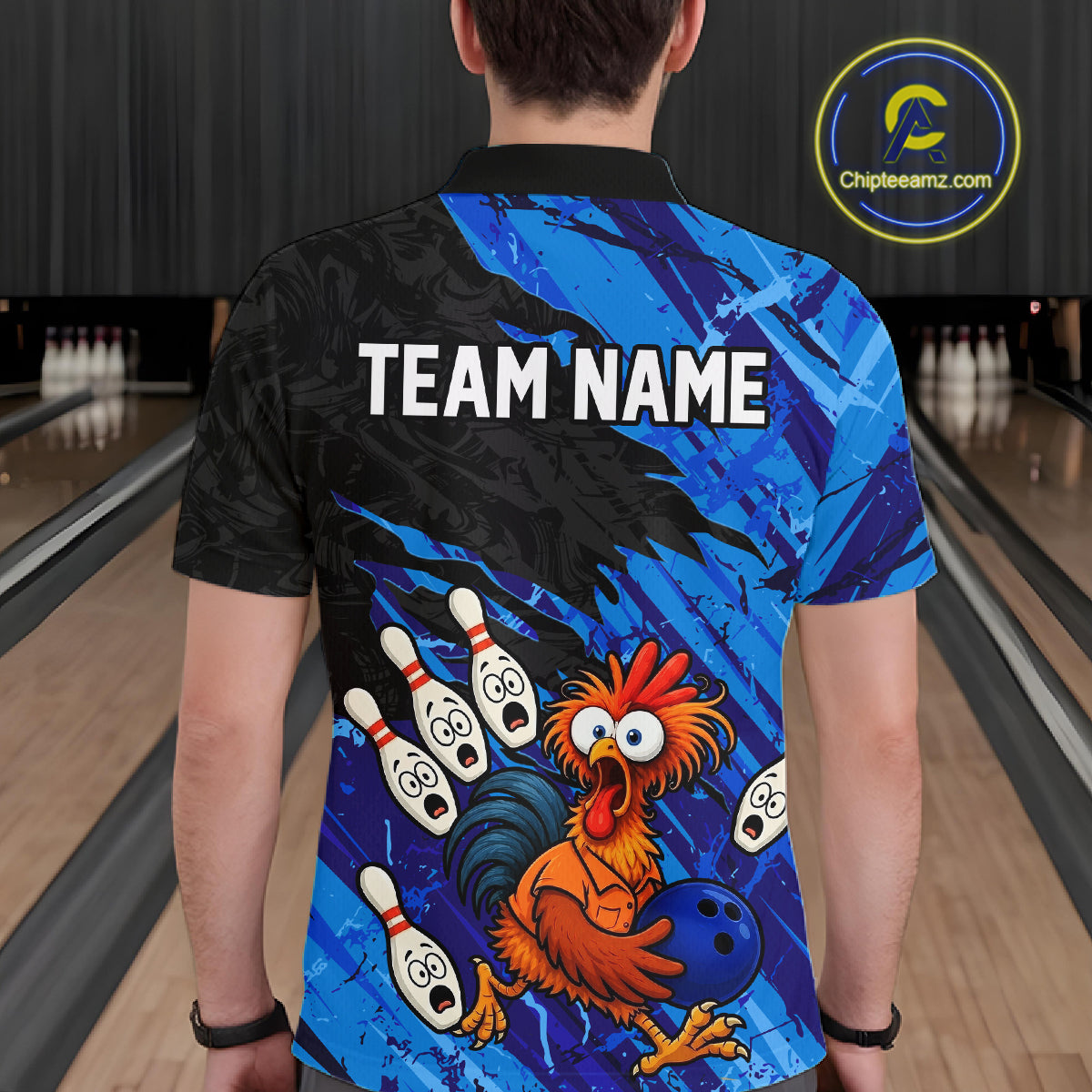 Back view male model wearing custom funny chicken bowling shirt with personalized team name design