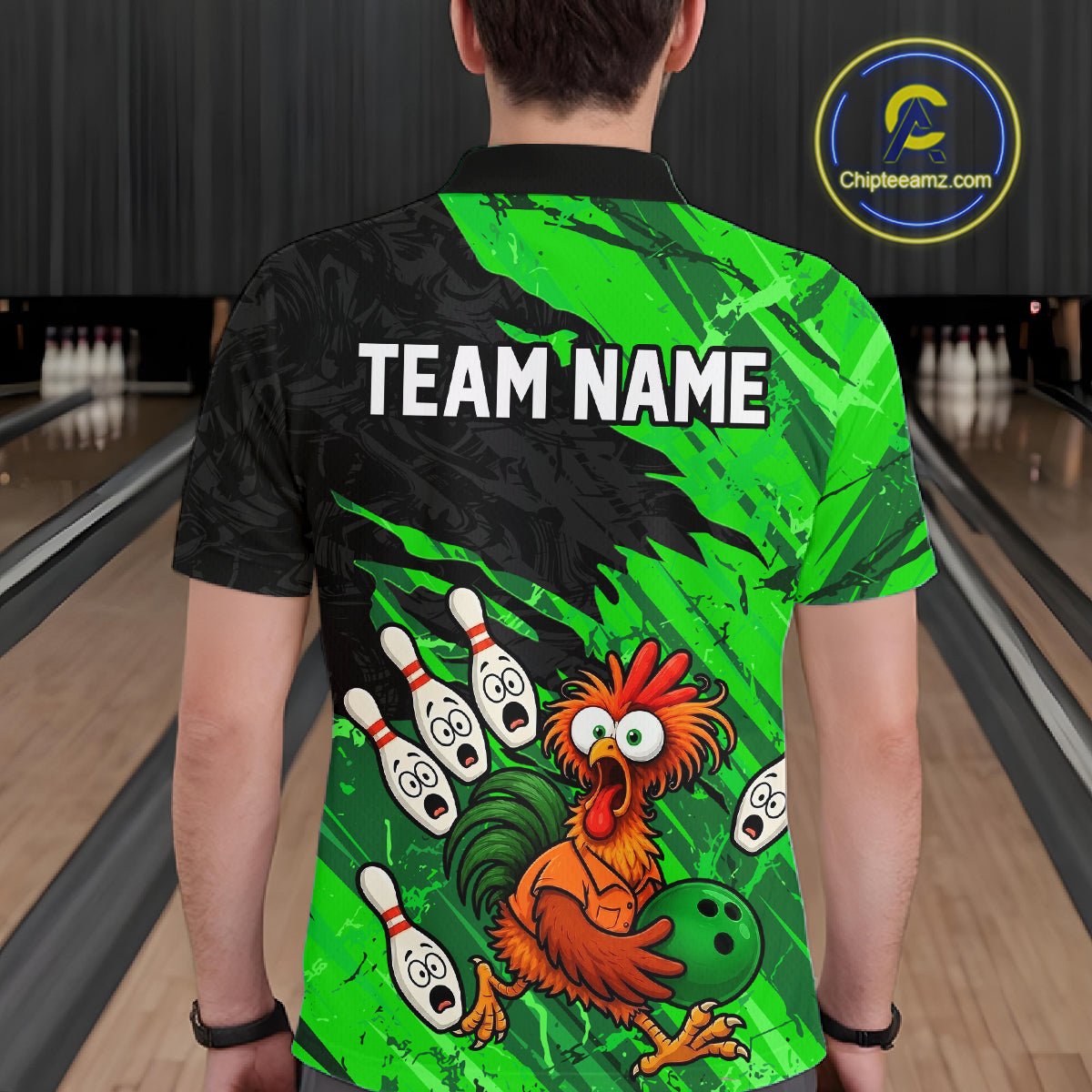 Back view male model wearing custom funny green chicken bowling shirt with personalized team name design