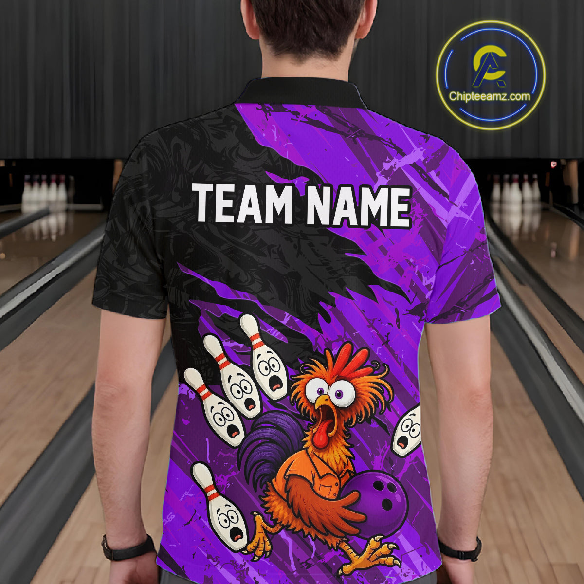 Male model wearing a custom purple chicken bowling polo shirt back view displaying the personalized team name above a colorful bowling mascot graphic on a purple brush stroke background
