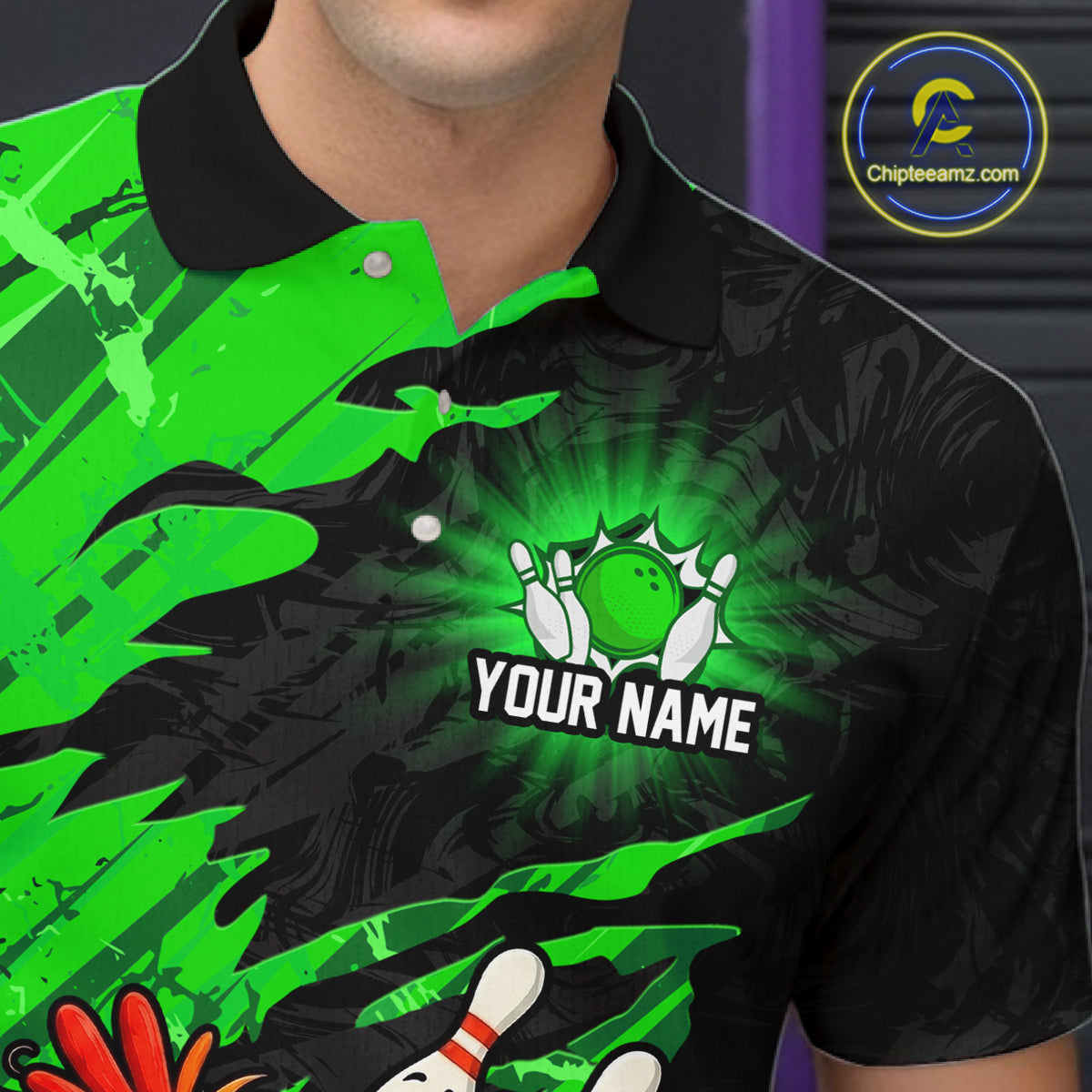 Close-up collar and chest detail of custom funny chicken bowling polo shirt with personalized name and green abstract pattern
