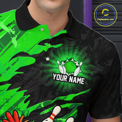 Close-up collar and chest detail of custom funny chicken bowling polo shirt with personalized name and green abstract pattern