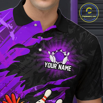 Close-up front view of a custom purple chicken bowling polo shirt showing the personalized player name, cartoon bowling mascot graphic and purple abstract brush stroke design