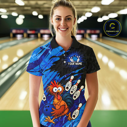 Front view female model wearing custom funny chicken bowling team shirt with cartoon chicken holding bowling ball and bowling pin graphics