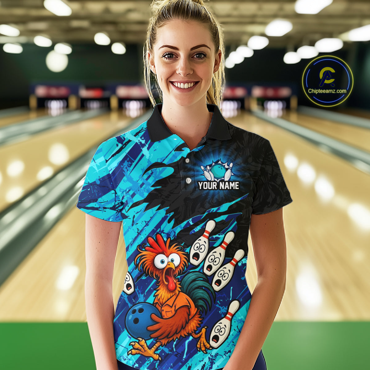 Female model wearing a custom cyan chicken bowling polo shirt front view featuring a colorful bowling mascot graphic, bowling pins, bowling ball and cyan abstract brush stroke pattern at the bowling alley