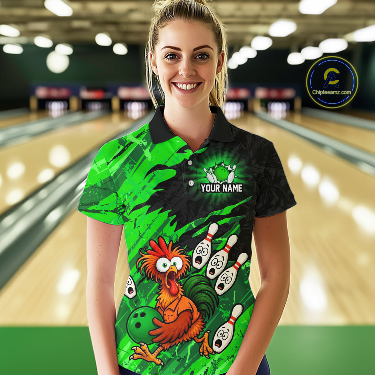 Front view female model wearing custom funny green bowling team shirt with cartoon chicken holding bowling ball and bowling pin graphics