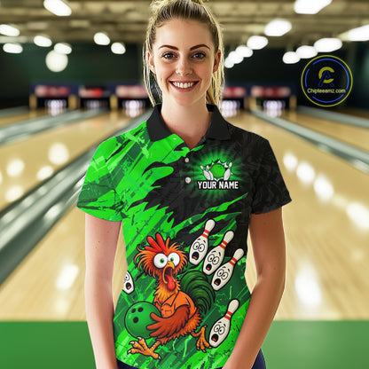 Front view female model wearing custom funny green bowling team shirt with cartoon chicken holding bowling ball and bowling pin graphics