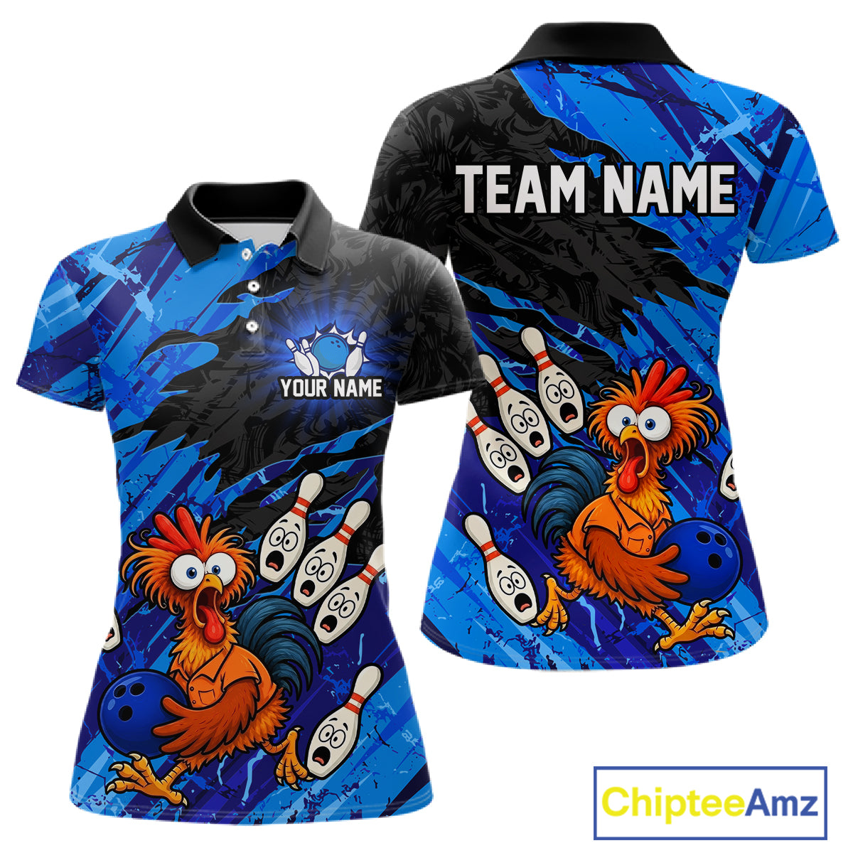 Front and back view custom funny chicken bowling team polo shirt for women featuring blue abstract bowling design with personalized your name and team name