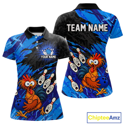 Front and back view custom funny chicken bowling team polo shirt for women featuring blue abstract bowling design with personalized your name and team name