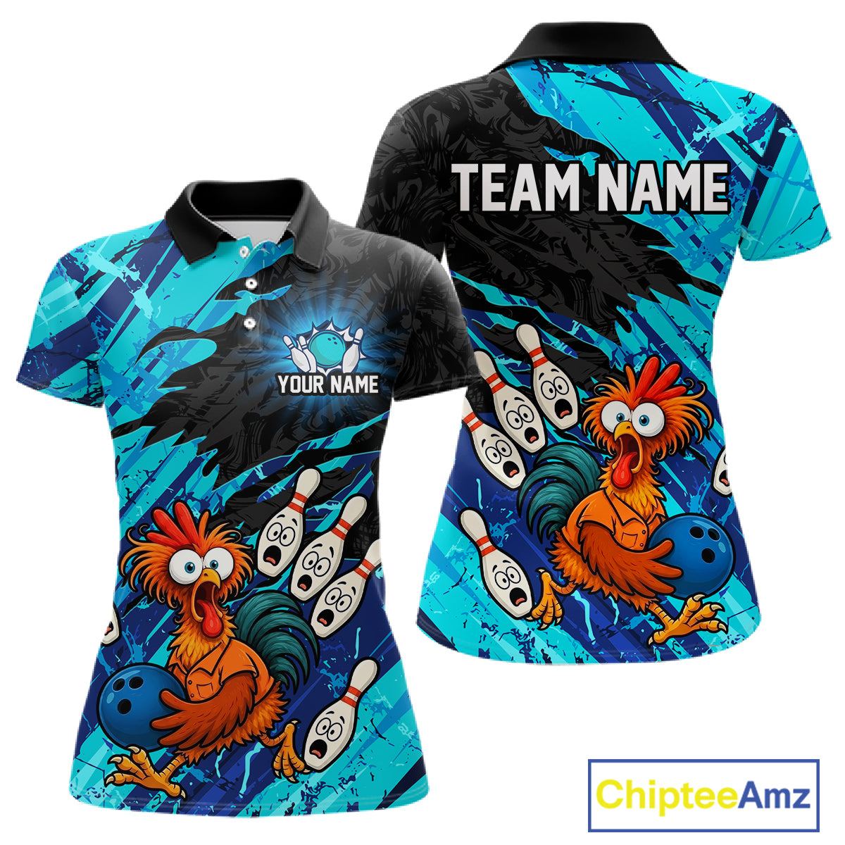 Front and back view custom cyan chicken bowling polo shirt featuring a funny cartoon bowling mascot with bowling pins, bowling ball and cyan black abstract brush stroke pattern, personalized with team name and player name